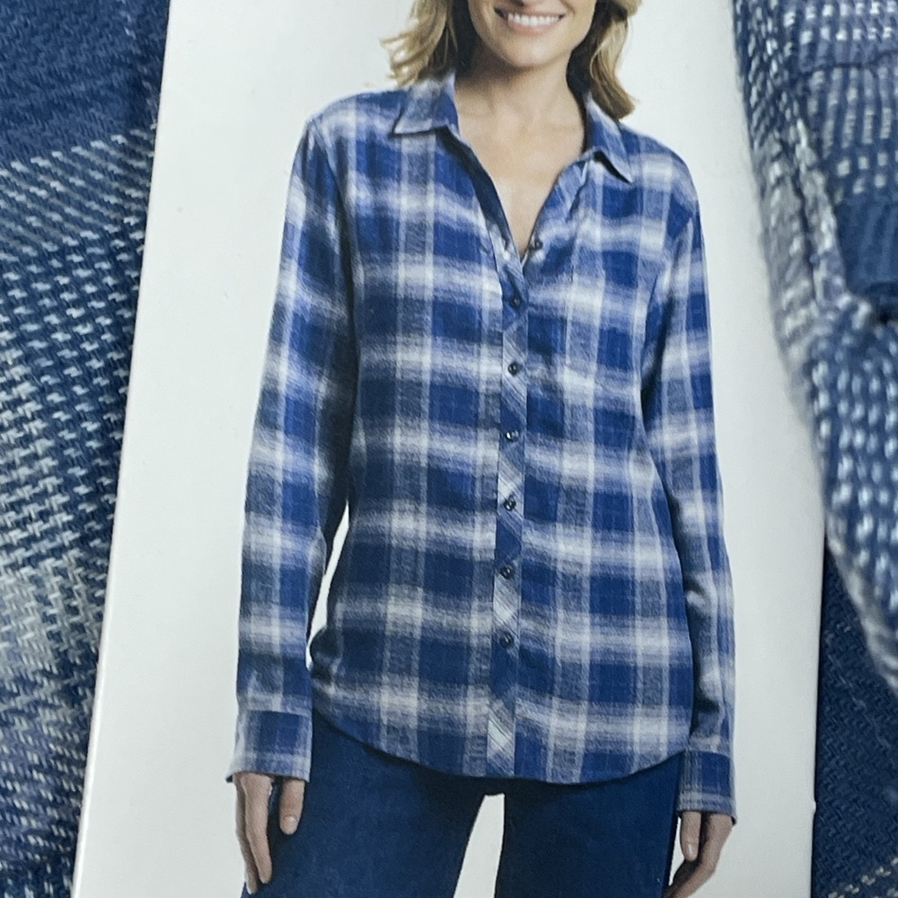 Weatherproof Women's L Plaid Blouse Blue Cotton Blend e0172